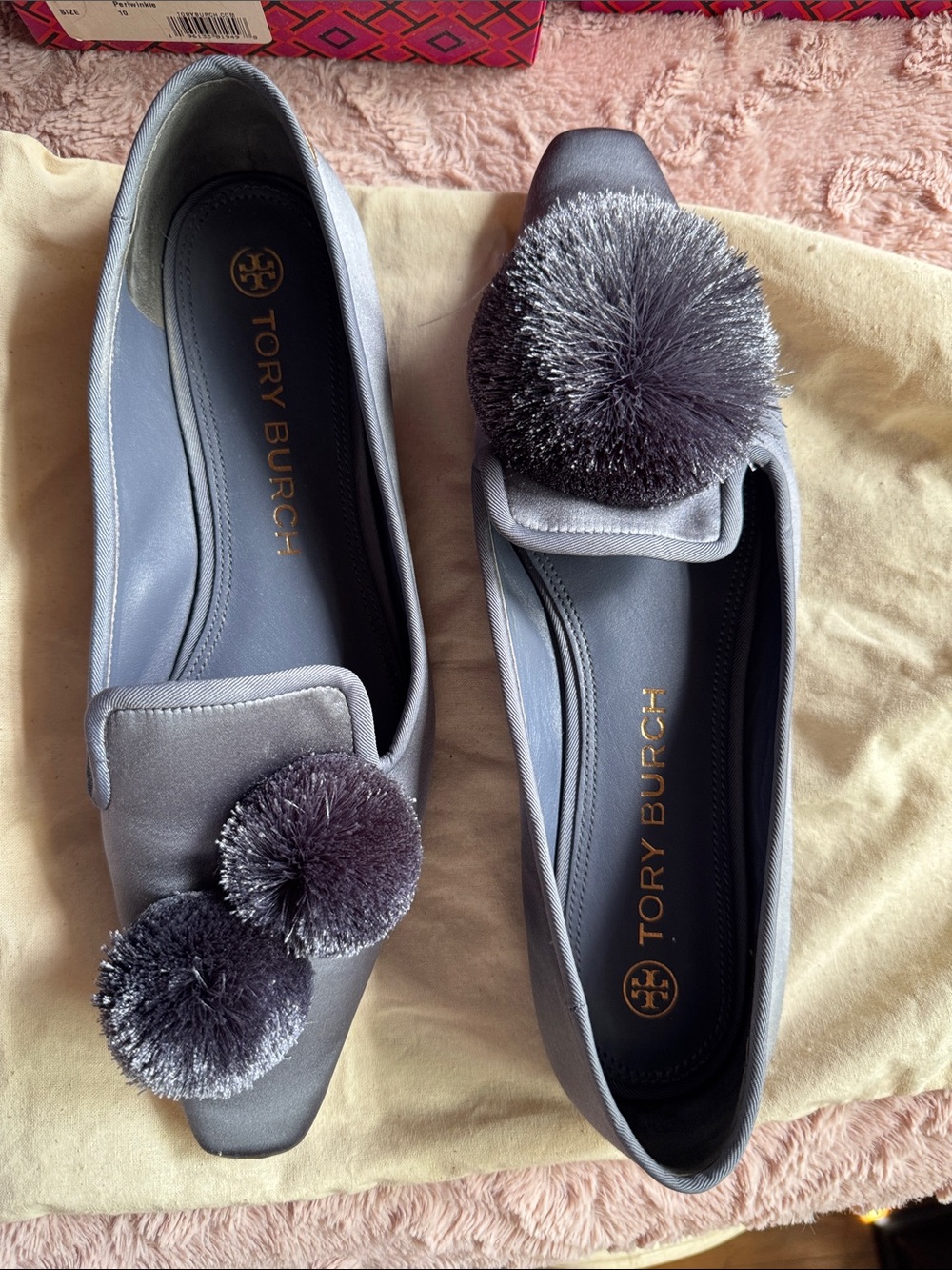 Tory Burch Slate Gray Leather Pom-Pom Loafers - Picture 3 of 14